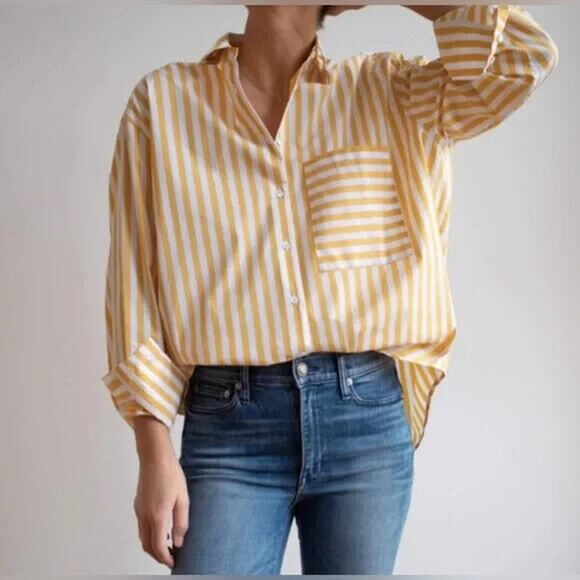 AYR Tops - Ayr The Deep End Shirt Yellow White Stripe Womens Large Long Sleeve Oversize